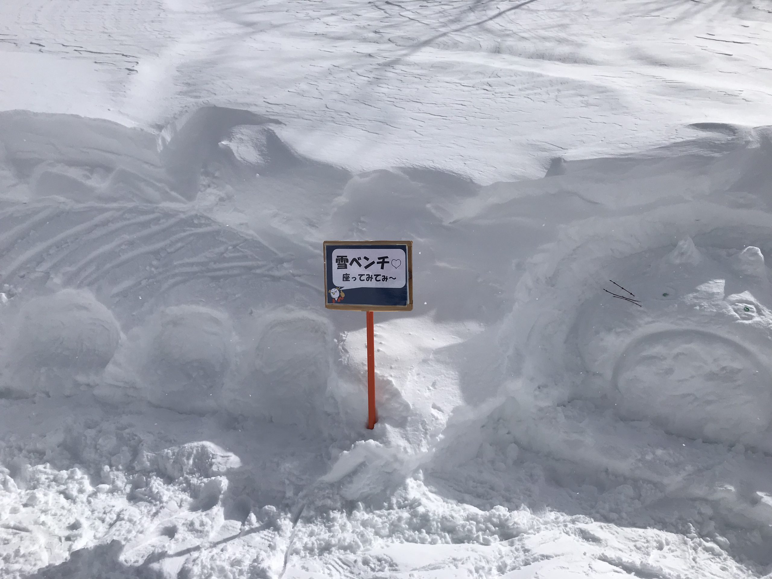 鷲ヶ岳スキー場の頂上にある雪のベンチとトトロ